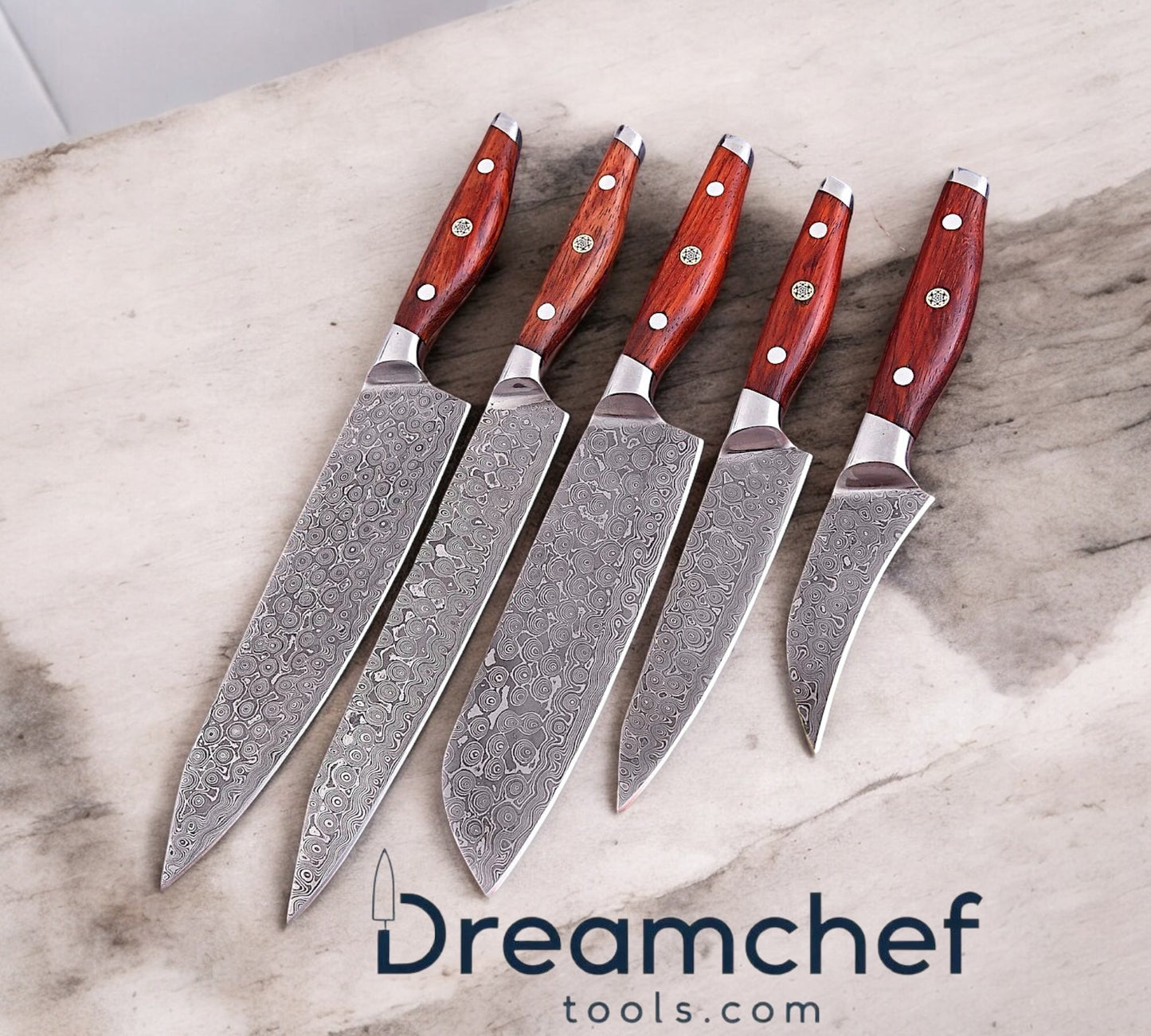 Kitchen Knife Set with Block – 13” Handmade Damascus Chef Knife with Rosewood Handle & Leather Sheath