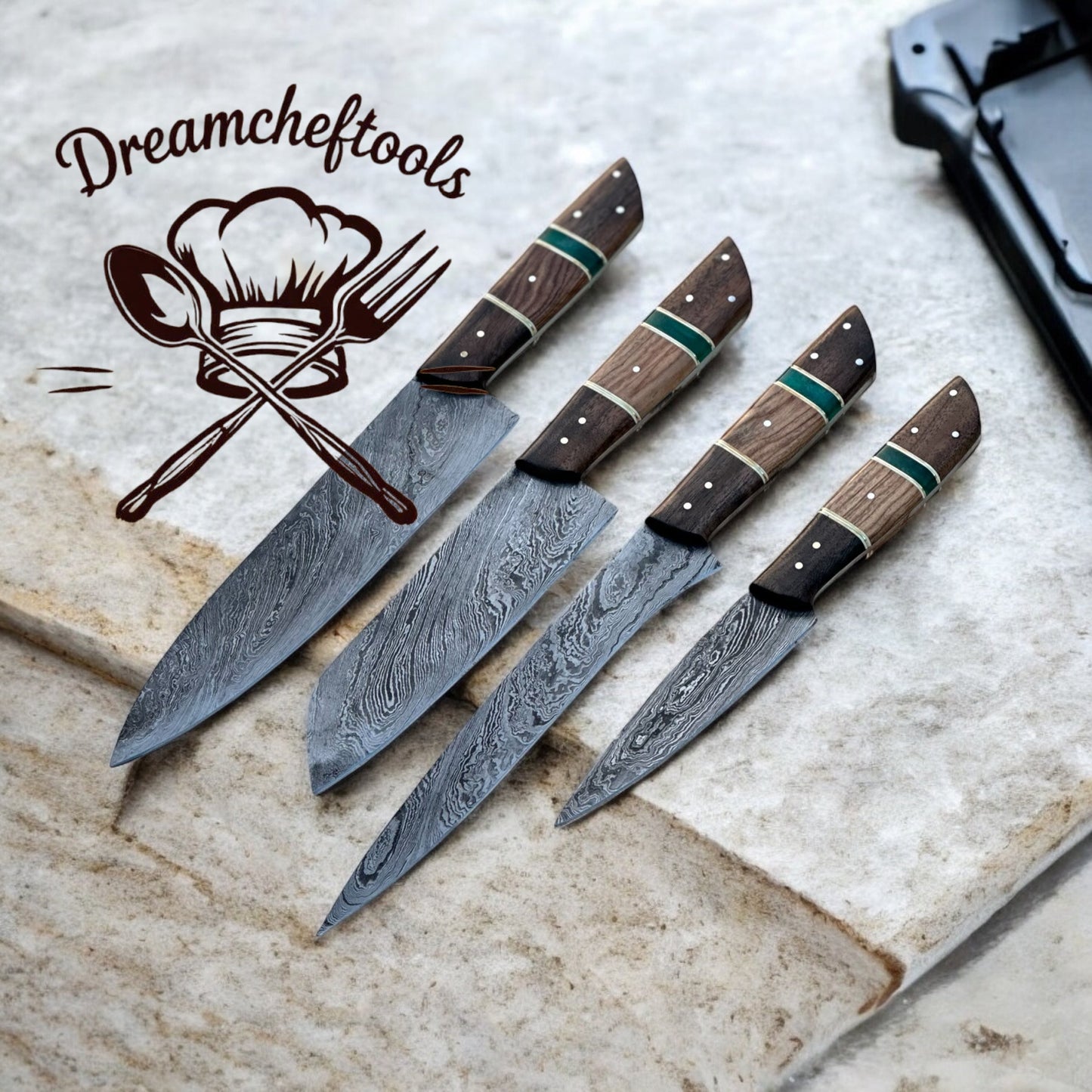 Handmade Damascus Knife Set – 13” Chef Knives with Rosewood & Resin Handles + Leather Roll Kit
