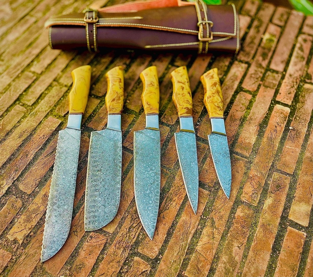 Best Budget Knife Set – 13" Handmade Damascus Steel Chef Knives with Epoxy Resin Handle & Leather Roll