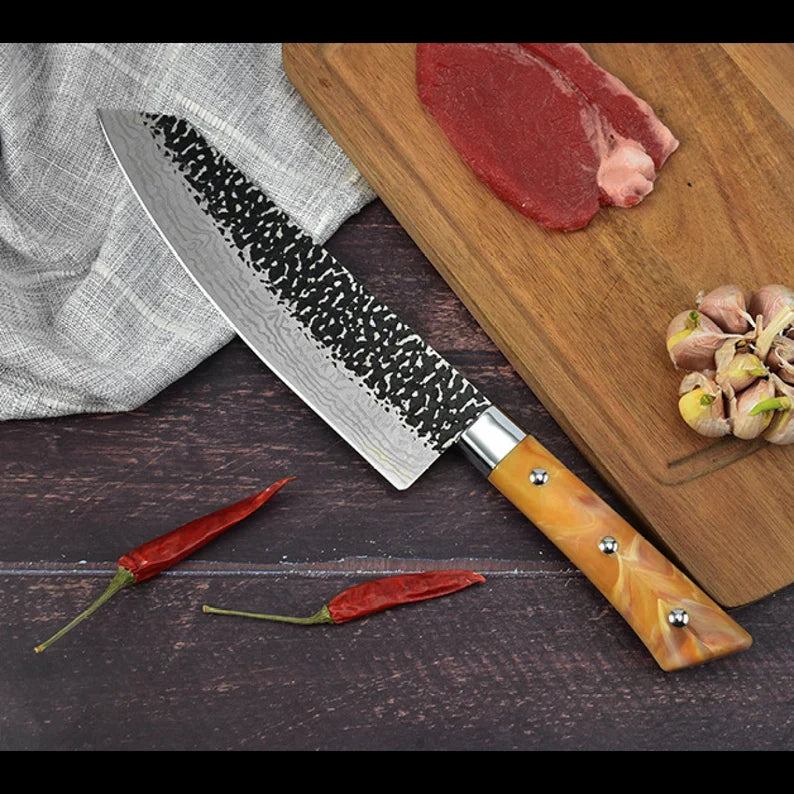 Handmade Damascus Chef Knife
handle made of rasin