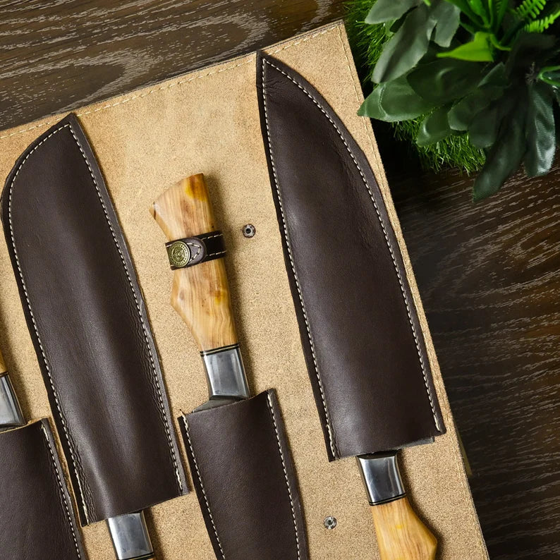 Handmade Damascus Chef Knife Set of 5Pcs With Brown Olive Wood and Steel Gift for Husband Kitchen Knife Lover Gift for dad Groomsmen Gift