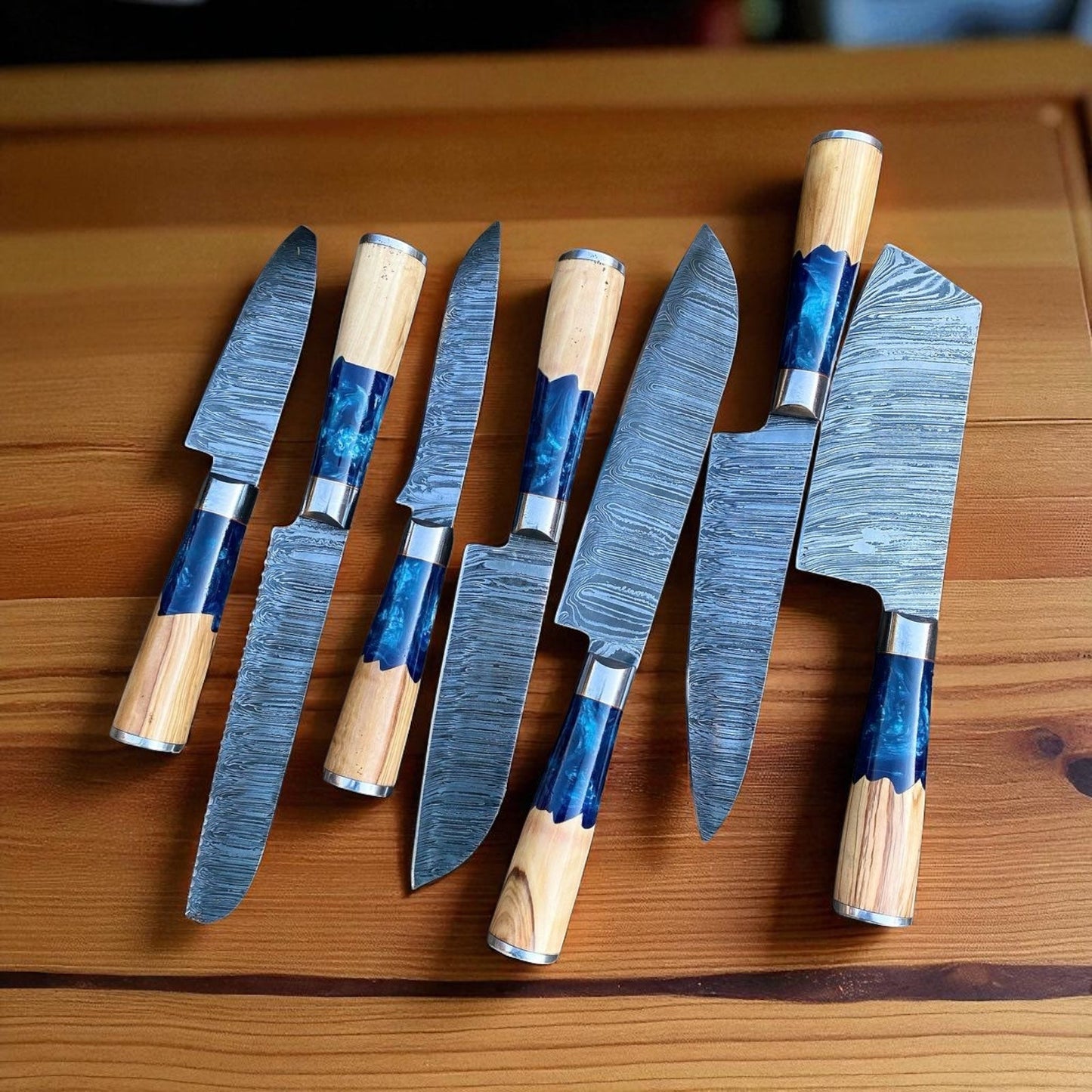 Knife Set for Kitchen – 13” Handmade Damascus Steel Chef Knife with Resin & Olivewood Handle, Steel Bolster, and Leather Sheath