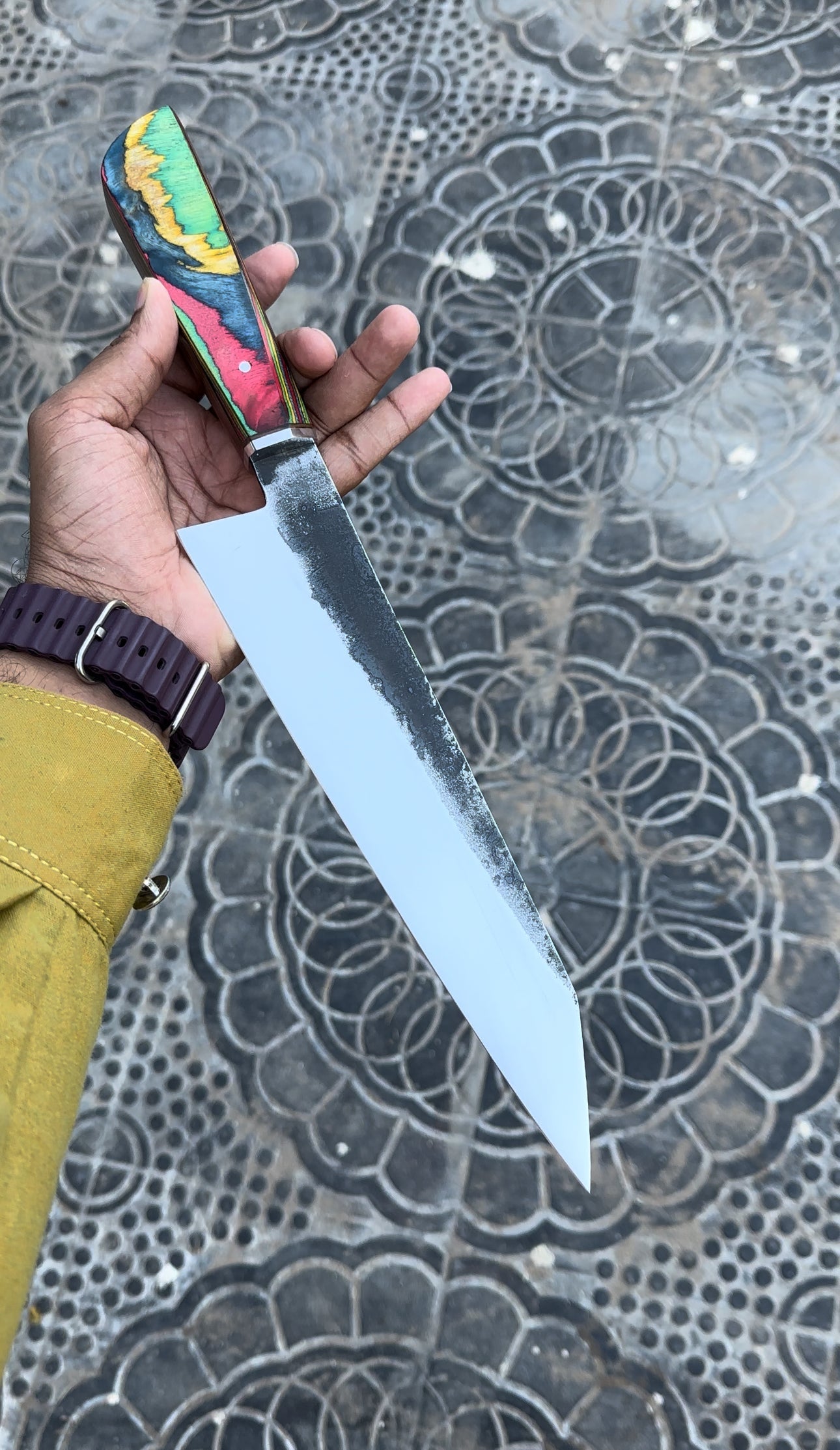 Custom Handmade D2 Steel Chef Knife - Pakka Wood Handle with Cone Leather Sheath