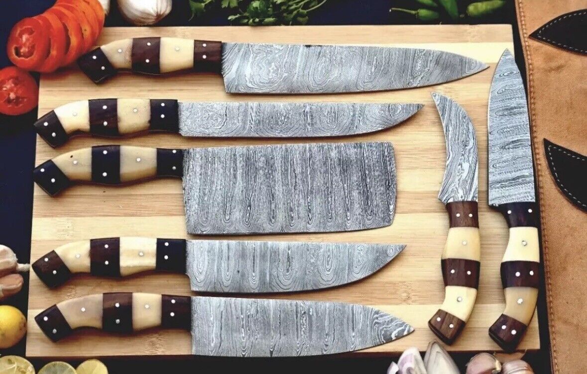 Custom Handmade Damascus Chef Knife Set - Rosewood & Olive Wood Handles