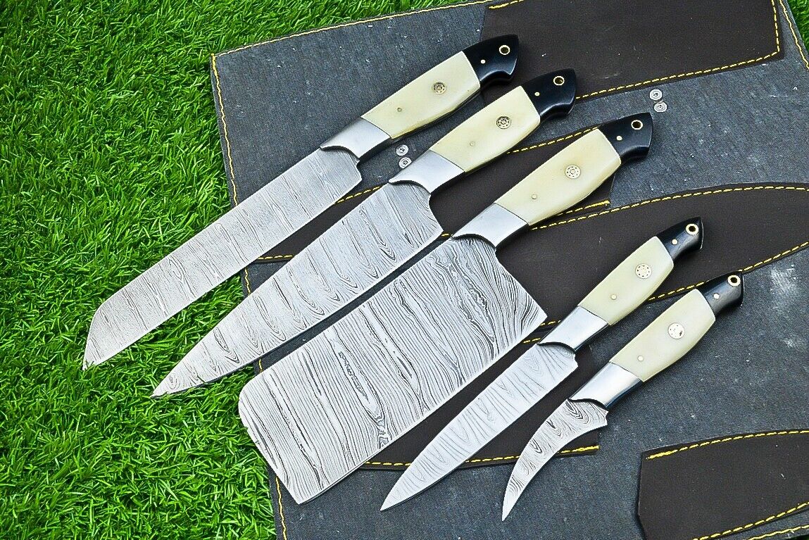 Custom Handmade Damascus Steel Kitchen Chef Set – 9" to 13" Overall Length with Steel Bolster, Camel Bone Handles, and Black Sheath, Includes Leather Sheath