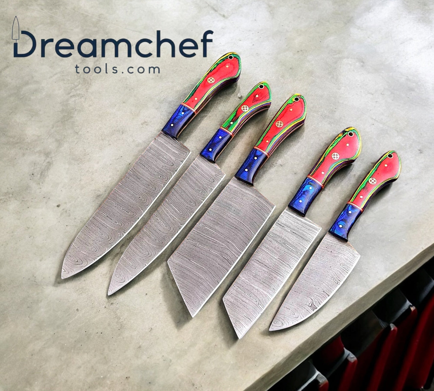 Knives Set for Kitchen – 13” Handmade Damascus Steel Chef Knife with Pakkawood Handle & Leather Sheath