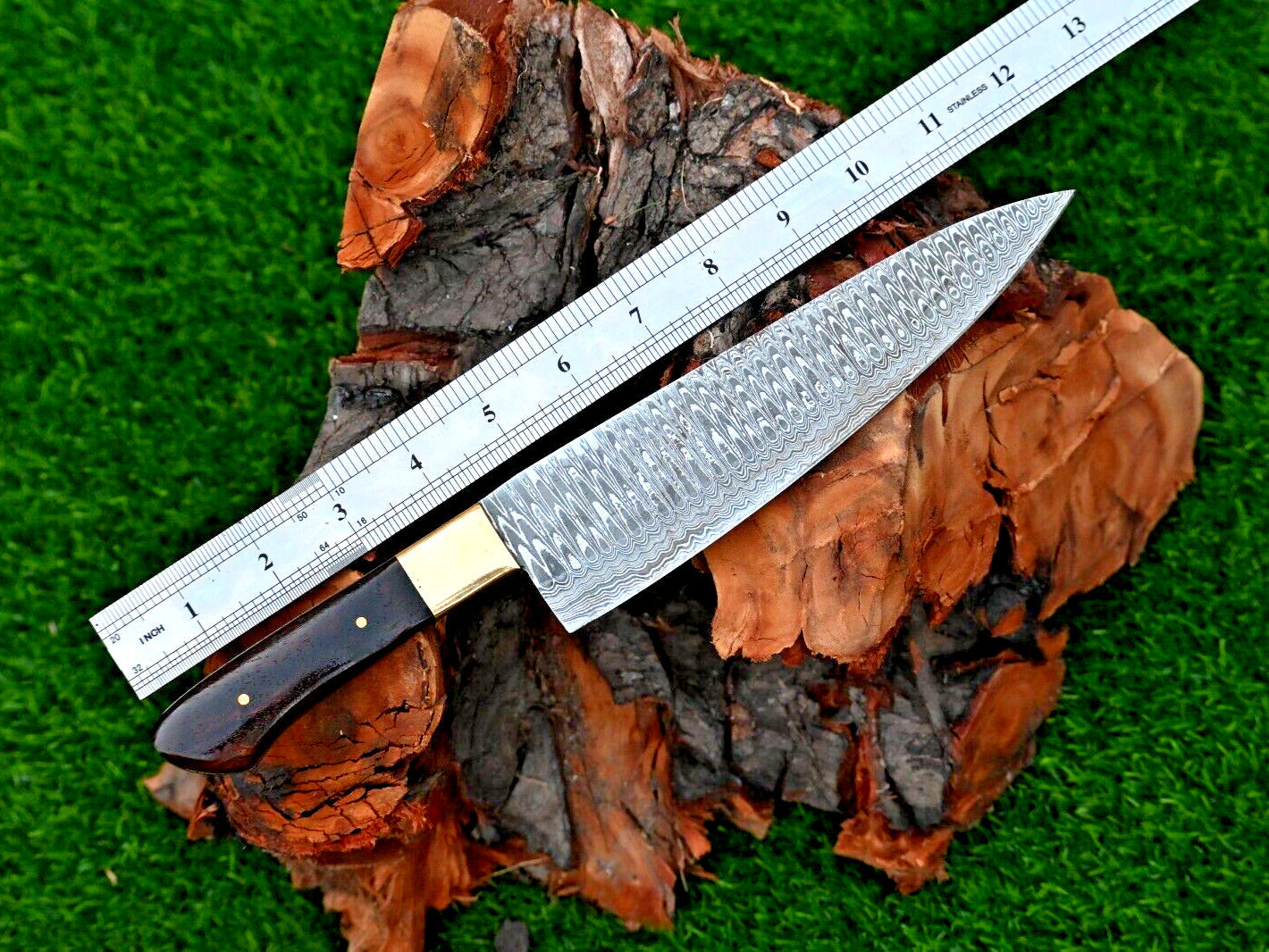Custom Handmade 13" Damascus Steel Chef Knife with Brass Bolster & Rosewood Handle | Includes Leather Sheath
