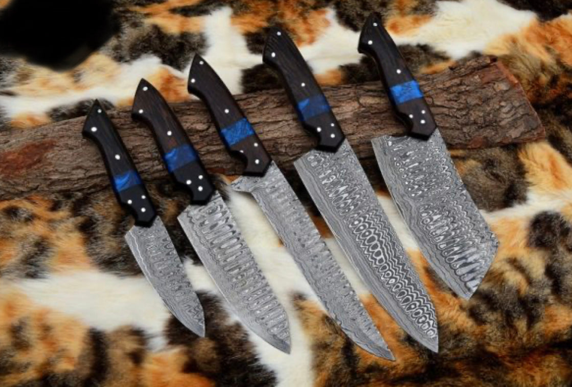 Kitchen Japanese Knife – 13” Handmade Damascus Steel Chef Knife with Wangi Wood Handle, Resin Bolster & Leather Sheath