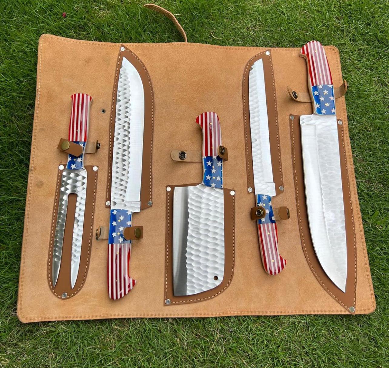 "Premium Professional Chef Knives Set – Forged Stainless Steel with Flag Handles"