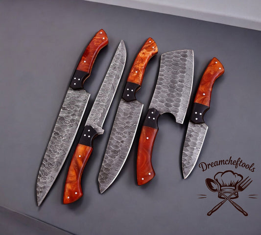 Damascus Steel Knives – 13” Handmade Chef Knife with Epoxy Resin Handle & Leather Sheath