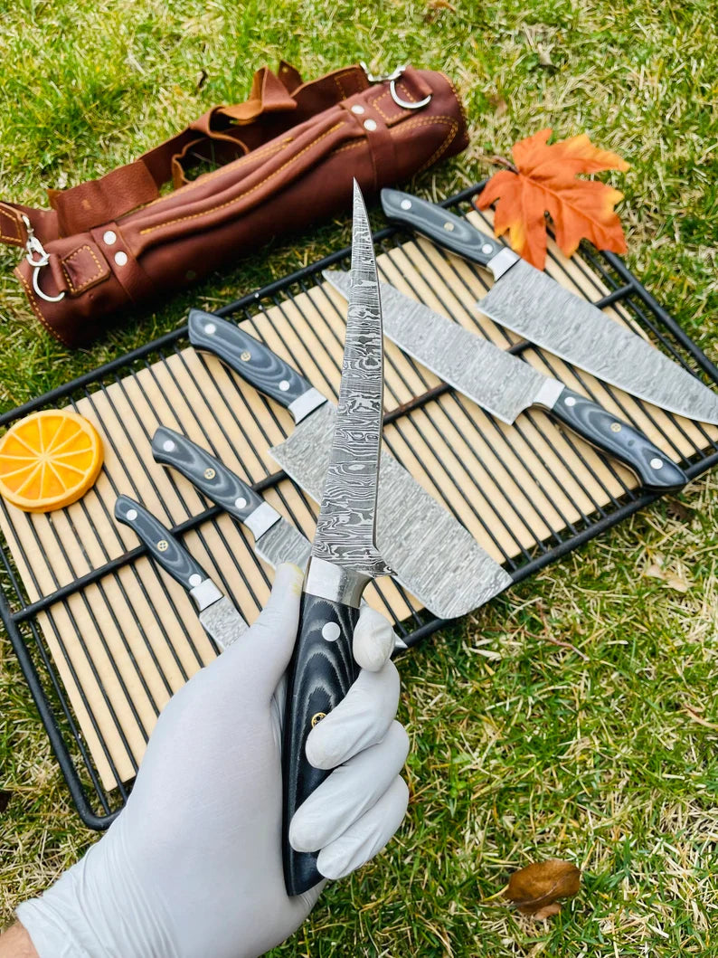 Luxury Custom Handmade Damascus Steel 5-Piece Kitchen Knife Set with G10 Handle & Steel Bolster - Premium Chef Knives in Leather Roll Kit