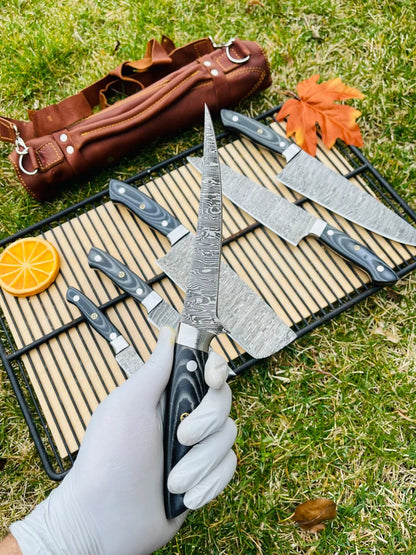 Luxury Custom Handmade Damascus Steel 5-Piece Kitchen Knife Set with G10 Handle & Steel Bolster - Premium Chef Knives in Leather Roll Kit