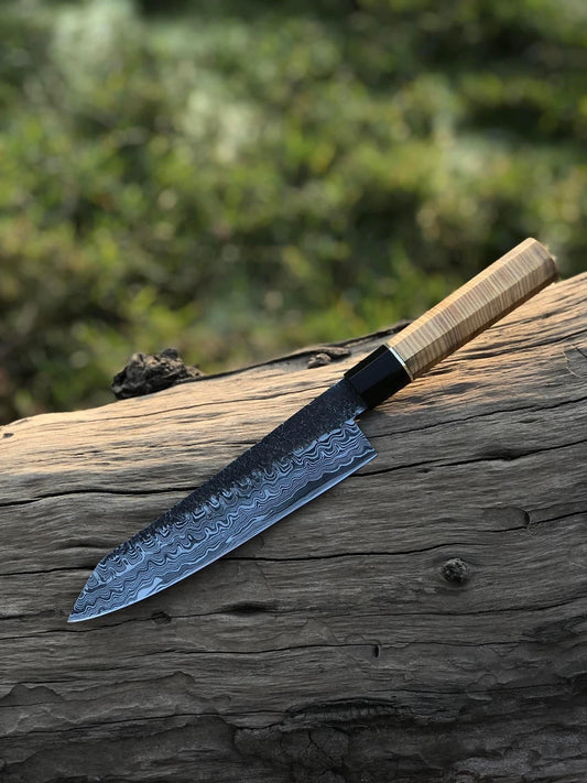 Custom Handmade 13” Damascus Steel Chef Knife with Brass Guard and Olive Wood Handle, Includes Leather Sheath