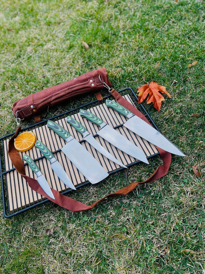 Custom Handmade J2 Steel 5-Piece Kitchen Knife Set with G10 Handle and Steel Bolster - Premium Chef Knives with Leather Roll Kit