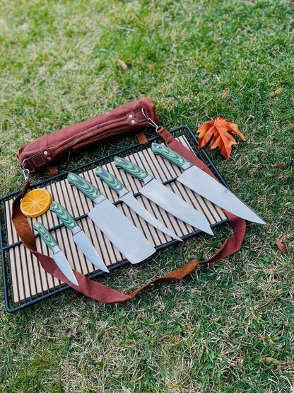 Custom Handmade J2 Steel 5-Piece Kitchen Knife Set with G10 Handle and Steel Bolster - Premium Chef Knives with Leather Roll Kit