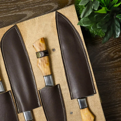 Handmade Damascus Chef Knife Set of 5Pcs With Brown Olive Wood and Steel Gift for Husband Kitchen Knife Lover Gift for dad Groomsmen Gift
