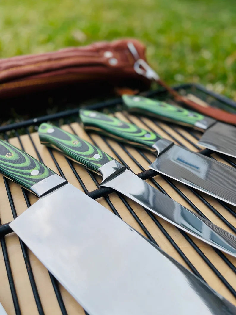 Custom Handmade J2 Steel 5-Piece Kitchen Knife Set with G10 Handle and Steel Bolster - Premium Chef Knives with Leather Roll Kit