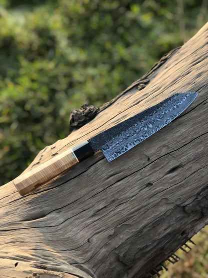 Custom Handmade 13” Damascus Steel Chef Knife with Brass Guard and Olive Wood Handle, Includes Leather Sheath