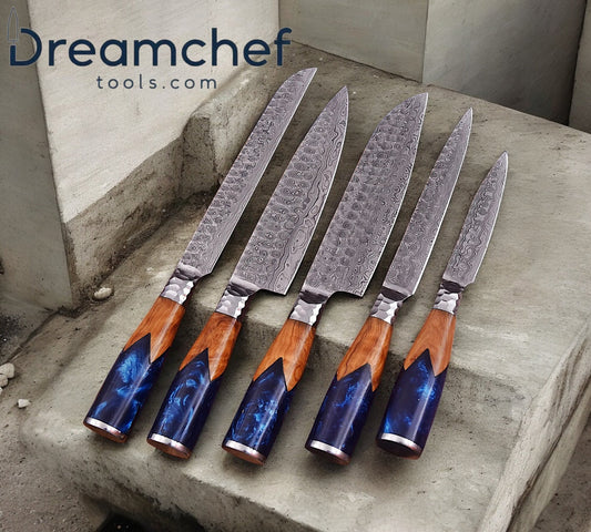 Sharp Knife Set – 13” Handmade Damascus Steel Chef Knife with Olive Wood or Resin Handle & Leather Sheath