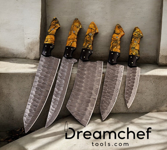 Kitchen Knife Sets – 13” Damascus Steel Chef Knife with Epoxy Resin Handle & Leather Sheath