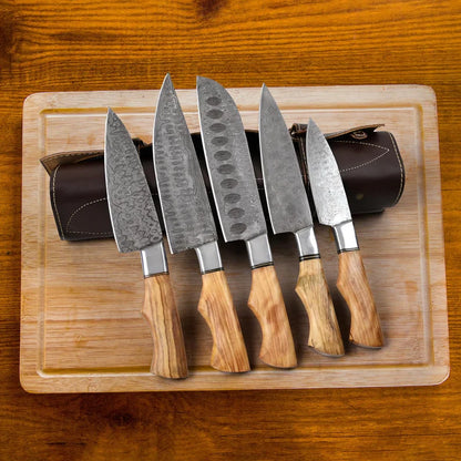 Handmade Damascus Chef Knife Set of 5Pcs With Brown Olive Wood and Steel Gift for Husband Kitchen Knife Lover Gift for dad Groomsmen Gift