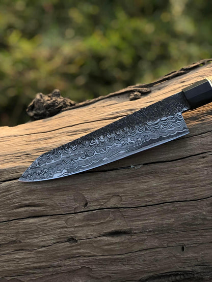 Custom Handmade 13” Damascus Steel Chef Knife with Brass Guard and Olive Wood Handle, Includes Leather Sheath