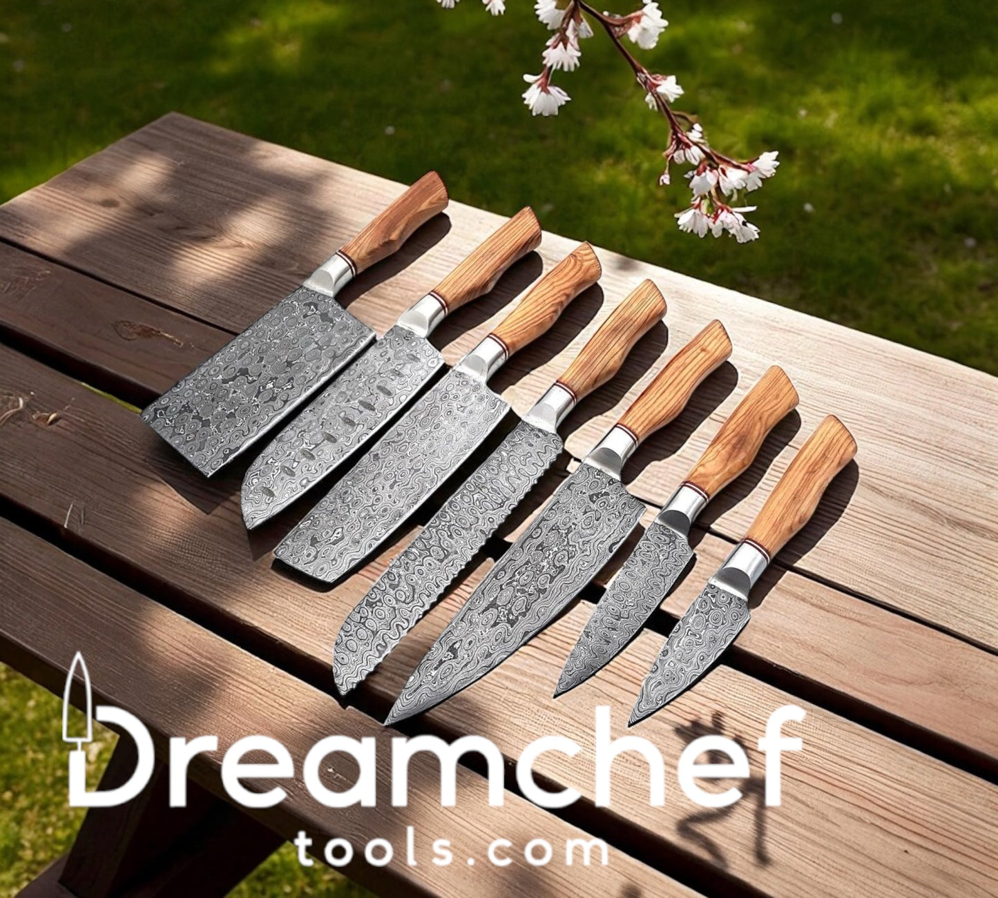 Damascus Blade for Sale – 13” Handmade Chef Knife with Olive Wood Handle, Steel Bolster & Leather Sheath