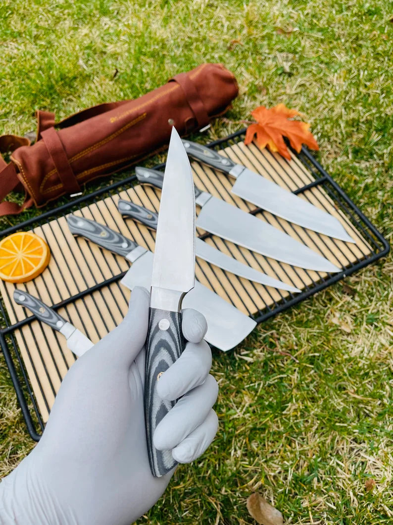 Custom Handmade J2 Steel 5-Piece Kitchen Knife Set with G10 Handle and Steel Bolster - Premium Chef Knives with Leather Roll Kit