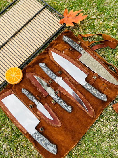 Custom Handmade J2 Steel 5-Piece Kitchen Knife Set with G10 Handle and Steel Bolster - Premium Chef Knives with Leather Roll Kit
