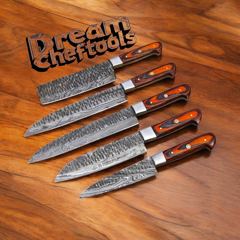 Best Chef Knive Sets – Damascus Steel Blades with Pakkawood Handles & Leather Roll Kit