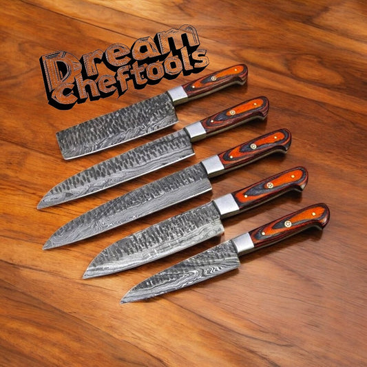 Best Chef Knive Sets – Damascus Steel Blades with Pakkawood Handles & Leather Roll Kit