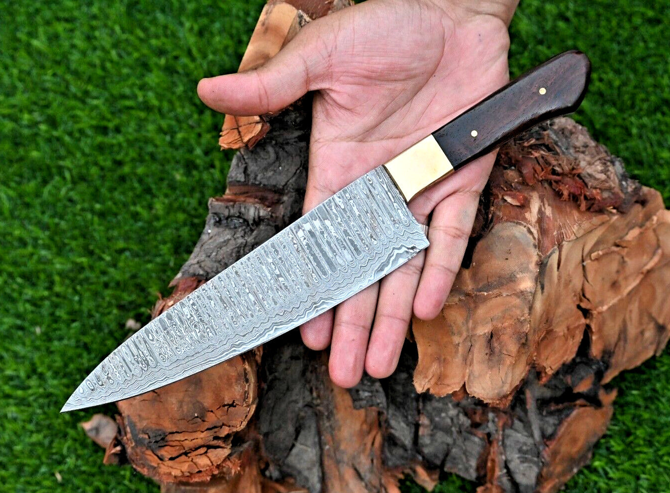 Custom Handmade 13" Damascus Steel Chef Knife with Brass Bolster & Rosewood Handle | Includes Leather Sheath