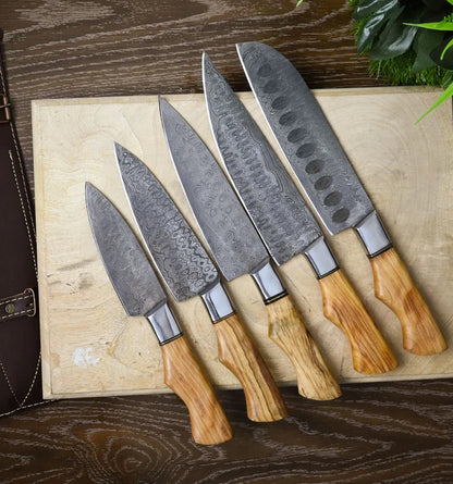 Handmade Damascus Chef Knife Set of 5Pcs With Brown Olive Wood and Steel Gift for Husband Kitchen Knife Lover Gift for dad Groomsmen Gift