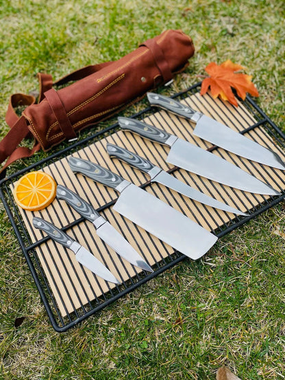 Custom Handmade J2 Steel 5-Piece Kitchen Knife Set with G10 Handle and Steel Bolster - Premium Chef Knives with Leather Roll Kit