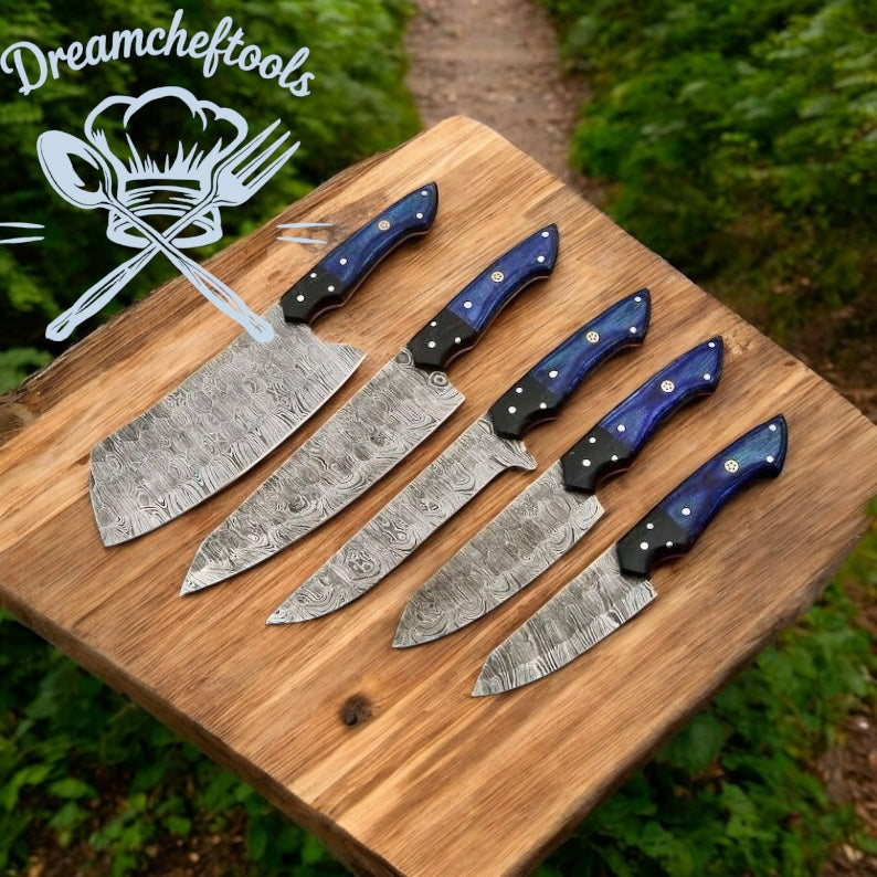 Knife Sets for Kitchen – 13” Handmade Damascus Steel Chef Knife with Pakkawood Handle, Resin Bolster & Leather Sheath