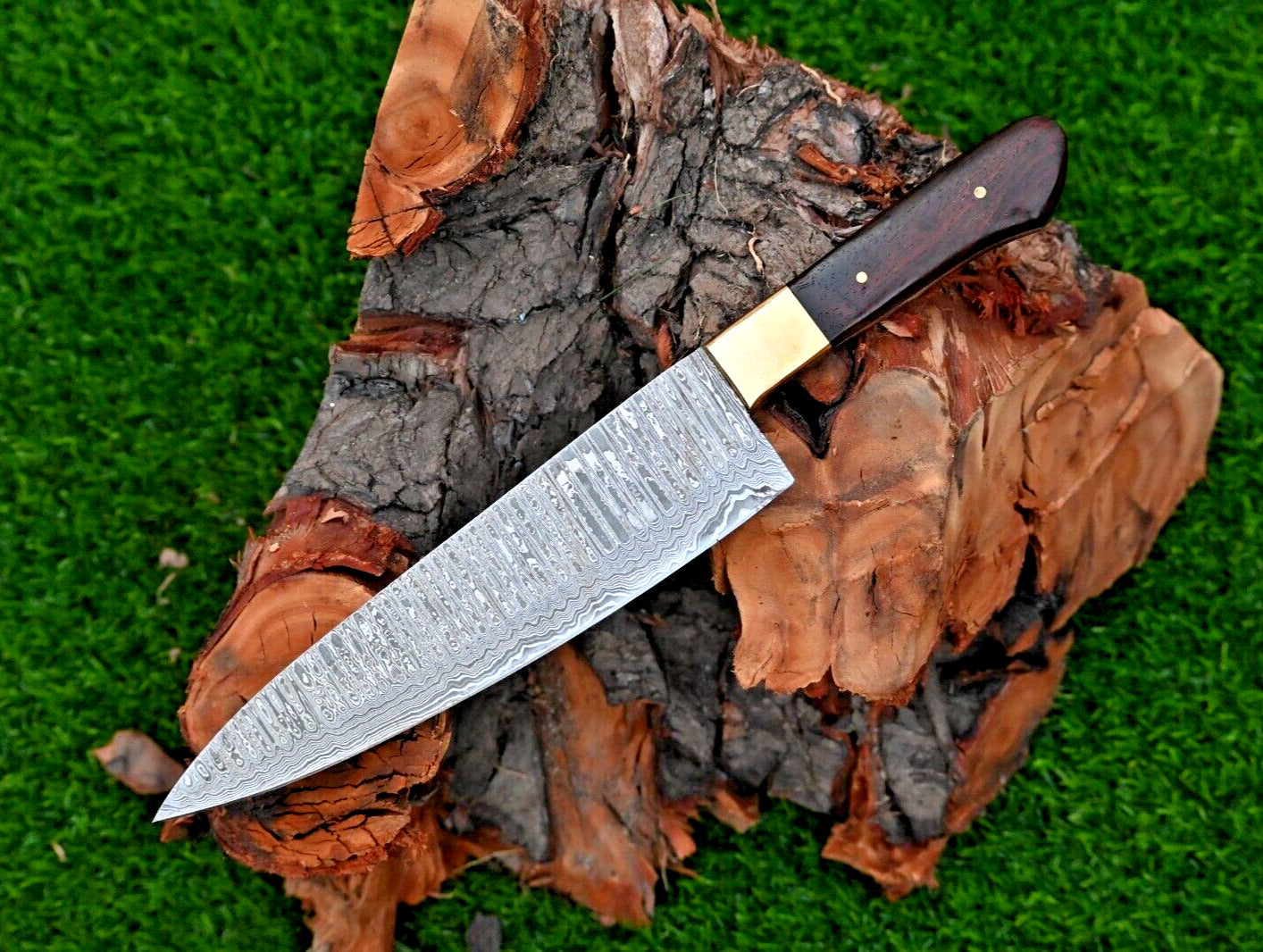 Custom Handmade 13" Damascus Steel Chef Knife with Brass Bolster & Rosewood Handle | Includes Leather Sheath