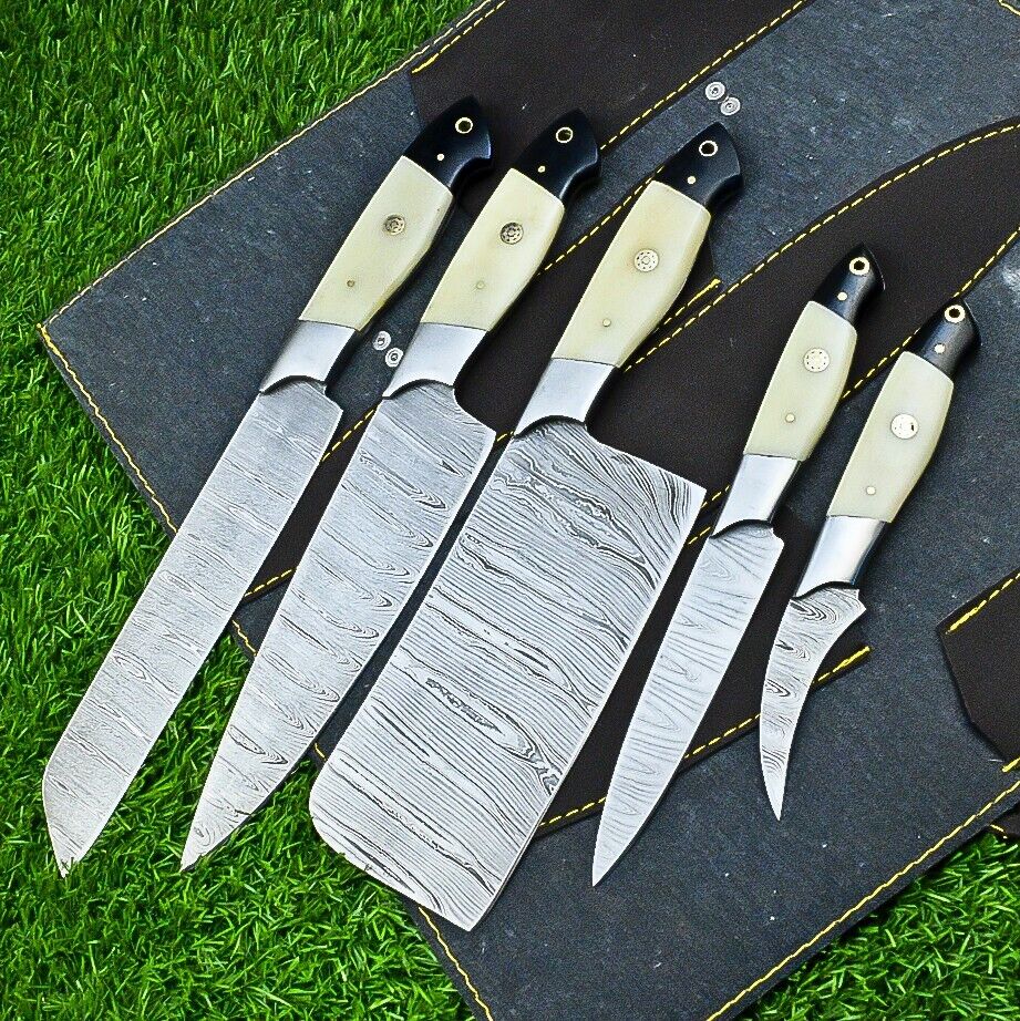 Custom Handmade Damascus Steel Kitchen Chef Set – 9" to 13" Overall Length with Steel Bolster, Camel Bone Handles, and Black Sheath, Includes Leather Sheath