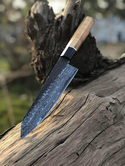 Custom Handmade 13” Damascus Steel Chef Knife with Brass Guard and Olive Wood Handle, Includes Leather Sheath