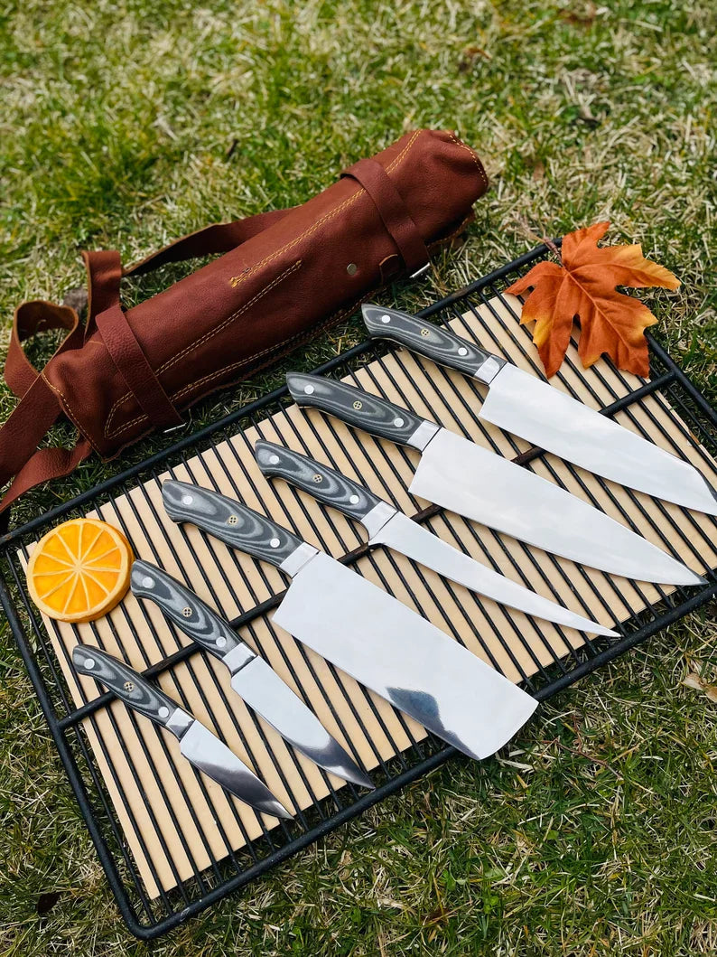 Custom Handmade J2 Steel 5-Piece Kitchen Knife Set with G10 Handle and Steel Bolster - Premium Chef Knives with Leather Roll Kit