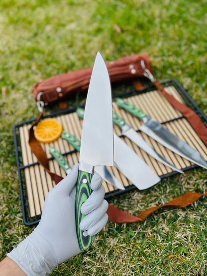 Custom Handmade J2 Steel 5-Piece Kitchen Knife Set with G10 Handle and Steel Bolster - Premium Chef Knives with Leather Roll Kit