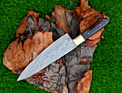 Custom Handmade 13" Damascus Steel Chef Knife with Brass Bolster & Rosewood Handle | Includes Leather Sheath