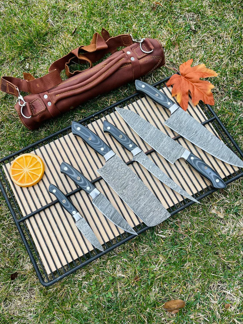 Luxury Custom Handmade Damascus Steel 5-Piece Kitchen Knife Set with G10 Handle & Steel Bolster - Premium Chef Knives in Leather Roll Kit
