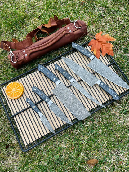 Luxury Custom Handmade Damascus Steel 5-Piece Kitchen Knife Set with G10 Handle & Steel Bolster - Premium Chef Knives in Leather Roll Kit