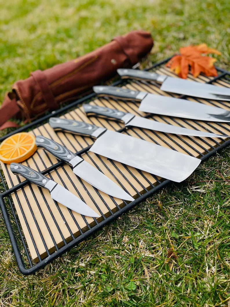 Custom Handmade J2 Steel 5-Piece Kitchen Knife Set with G10 Handle and Steel Bolster - Premium Chef Knives with Leather Roll Kit