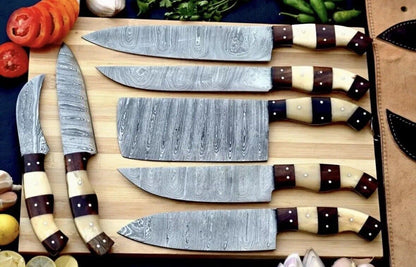 Custom Handmade Damascus Chef Knife Set - Rosewood & Olive Wood Handles