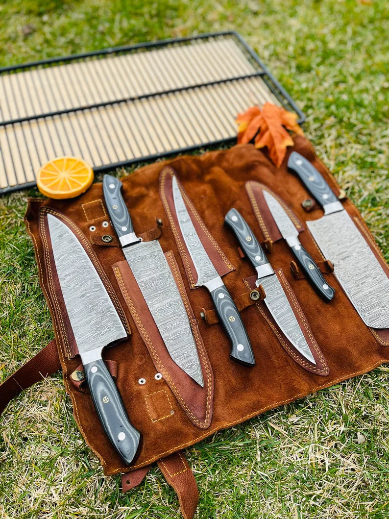 Luxury Custom Handmade Damascus Steel 5-Piece Kitchen Knife Set with G10 Handle & Steel Bolster - Premium Chef Knives in Leather Roll Kit