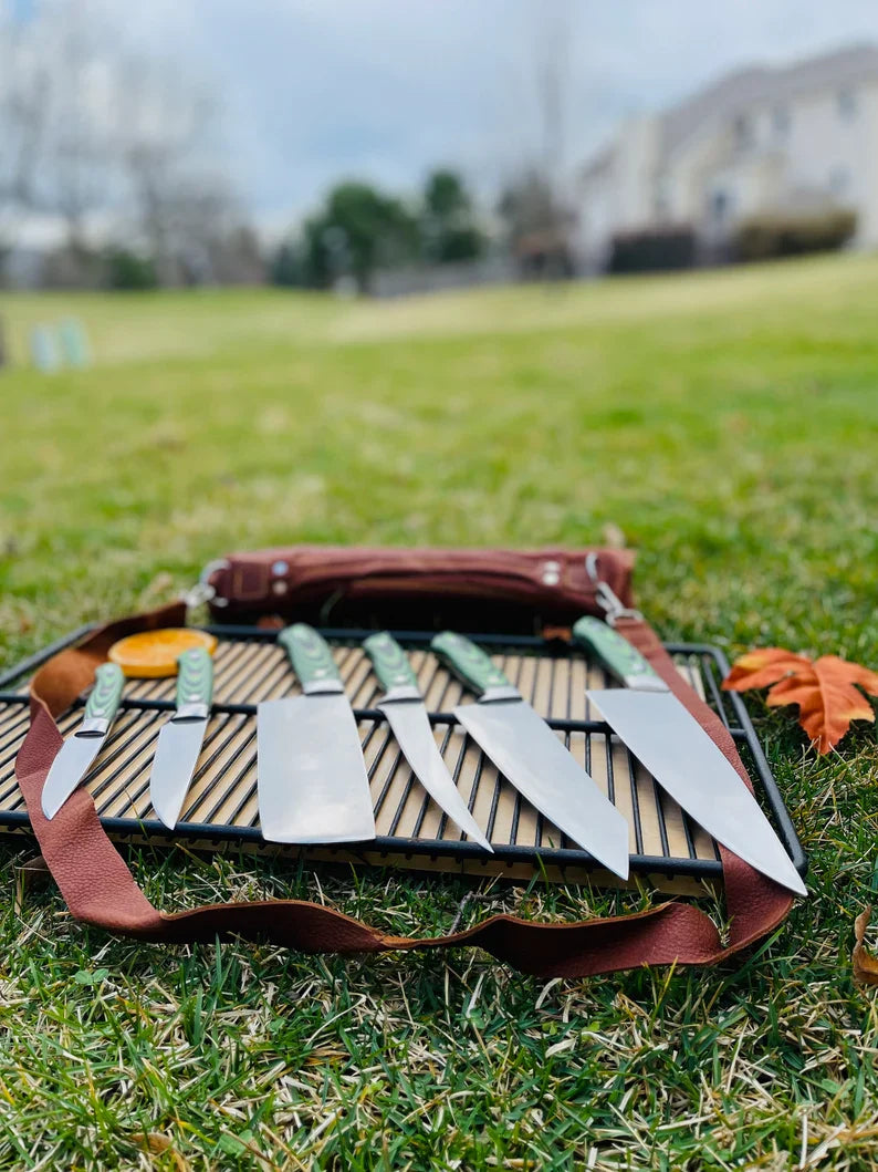 Custom Handmade J2 Steel 5-Piece Kitchen Knife Set with G10 Handle and Steel Bolster - Premium Chef Knives with Leather Roll Kit