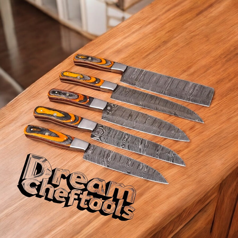 Best Knife Sets for Kitchen – Damascus Steel Chef Knives with Pakkawood Handles & Leather Roll Kit