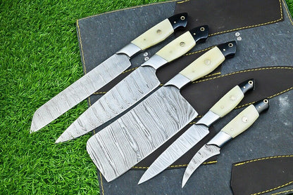 Custom Handmade Damascus Steel Kitchen Chef Set – 9" to 13" Overall Length with Steel Bolster, Camel Bone Handles, and Black Sheath, Includes Leather Sheath
