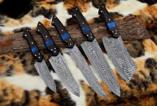 Kitchen Japanese Knife – 13” Handmade Damascus Steel Chef Knife with Wangi Wood Handle, Resin Bolster & Leather Sheath